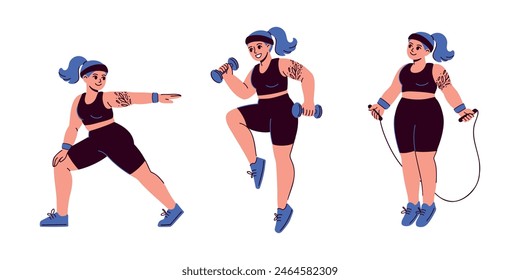 Flat vector illustration set of young women with tattoo doing physical exercises with sports equipment. Body positive and active lifestyle concept. Cartoon people in fitness and aerobics.