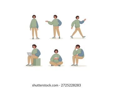 Un conjunto de Ilustración vectorial plana de un joven con el pelo rizado en varias poses y actividades. El personaje lleva una sudadera casual oversize de dos tonos (verde y azul) y pantalones beige. El conjunto incluye poses como pararse, caminar, gesticular mientras habla, sentarse y trabajar en una computadora portátil, sentarse con las piernas cruzadas sosteniendo una taza de café y una pose sentada reflexiva. El estilo es minimalista con una paleta de colores suaves, ideal para el Diseño web moderno y la narración de historias.