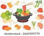 Flat vector illustration of shabu shabu Asian hot pot meal set with vegetables, mushrooms, meat, and seafood ingredients. Japanese and Korean food concept for restaurant, menu, and cooking design.