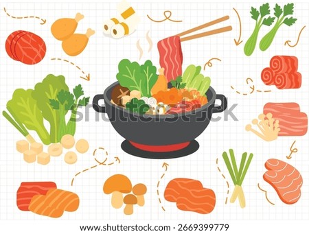 Flat vector illustration of shabu shabu Asian hot pot meal set with vegetables, mushrooms, meat, and seafood ingredients. Japanese and Korean food concept for restaurant, menu, and cooking design.