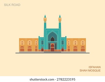 Flat vector illustration of Shah Mosque in Isfahan Iran. Stylized Silk Road architectural landmark inspired by Persian Islamic heritage and historic Middle Eastern culture.