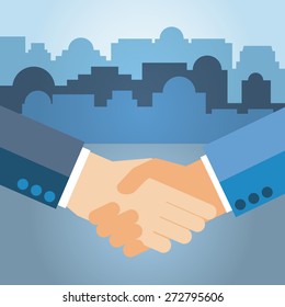 Flat vector illustration of Shaking hands with two businessmen on a city