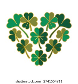 Flat vector illustration of shamrock leaves arranged in a heart shape. Represents love, luck, and Irish culture, perfect for St. Patrick’s Day designs