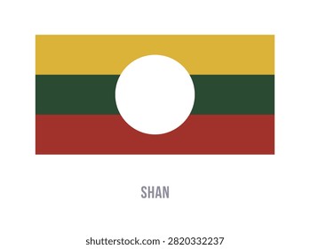 Flat vector illustration of the Shan flag with yellow, green, and red horizontal stripes plus a central white circle for regional symbol design.