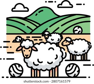 Flat vector illustration of sheep grazing in green hills countryside