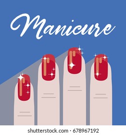 Flat vector illustration of shiny nail art. Elegant female hands red nail polish on background.