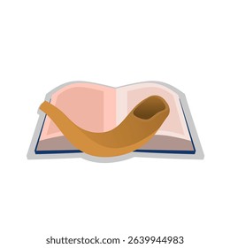 Flat vector illustration of a shofar placed on an open book, symbolizing the Jewish High Holy Days such as Rosh Hashanah and Yom Kippur. 