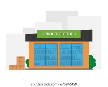 Flat vector illustration of shop building. Store shop front  building with goods in windows. Shop facade icon isolated on white background. Grocery store in the city