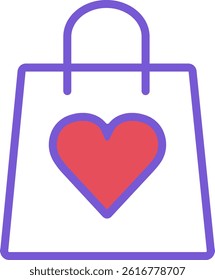 Flat vector illustration of a shopping bag with a heart on it, representing love for shopping, customer appreciation, or gift purchases.
