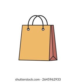 Ilustração vetor plana de um saco de compras com painéis laterais amarelos frontais e vermelhos, apresentando alças pretas. Estilo de desenho animado limpo em fundo branco, perfeito para e-commerce, varejo e design de marca