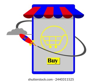 Ilustración vectorial plana con la cesta de la compra y los iconos del cohete que rodean un teléfono móvil, Compras en línea