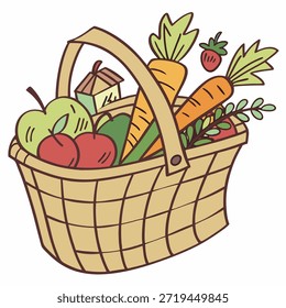 Flache Vektorgrafik eines Warenkorbs mit Lebensmitteln. Perfekt für E-Commerce, Food Delivery und Einzelhandelskonzepte.