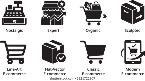 Flat vector illustration of a shopping cart filled with groceries and shopping bags. Modern e-commerce concept showing online food purchase, delivery, and digital shopping. Clean and simple design for web and app use.
