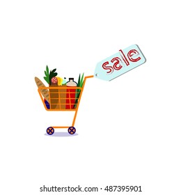 Flat vector illustration . shopping and selling , cart with products and packages with fresh , delicious food .
