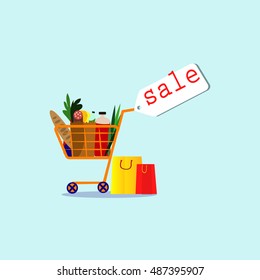  Flat vector illustration . shopping and selling , cart with products and packages with fresh , delicious food .
