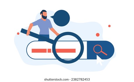 Flat vector illustration showcases a businessman using a magnifying glass to search for the best candidate to join his team in a modern web design. Man looking data information