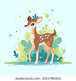 The flat vector illustration showcases a graceful deer amidst the enchanting forest, exuding a sense of tranquility. It's a captivating depiction that captures the beauty of nature