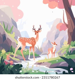 The flat vector illustration showcases a graceful deer amidst the enchanting forest, exuding a sense of tranquility. It's a captivating depiction that captures the beauty of nature