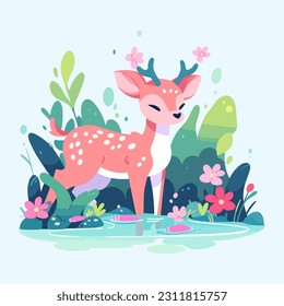  flat vector illustration showcases a graceful deer amidst the enchanting forest, exuding a sense of tranquility. It's a captivating depiction that captures the beauty of nature