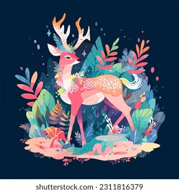  flat vector illustration showcases a graceful deer amidst the enchanting forest, exuding a sense of tranquility. It's a captivating depiction that captures the beauty of nature