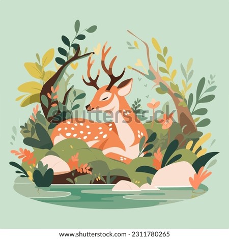 The flat vector illustration showcases a graceful deer amidst the enchanting forest, exuding a sense of tranquility. It's a captivating depiction that captures the beauty of nature