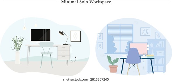 Flat vector illustration showcasing a dual horizontal layout of minimalist solo workspaces designed for remote employment, freelance productivity, and modern study environments. The left panel visualizes a clean Scandinavian style interior featuring a wide white table equipped with a sleek desktop computer monitor, three storage drawers, an adjustable black desk lamp, and a matching mid-century chair. The room ambiance is enhanced by two hanging bare bulb lights, a tall potted floor plant, a framed wall poster, and a distinct power cord graphic. The right panel displays a cool blue-toned home office captured from a back perspective. It includes a slim dark table holding a pinkish screen setup, a violet ergonomic chair, a tall bookshelf organized with stationery boxes, small framed line art graphics, a clay-potted indoor plant, and a large window fitted with horizontal louvers or blinds. Excellent vector graphic asset for real estate interior catalogs, corporate productivity blogs, remote career brochures, and architectural styling presentation slides.
