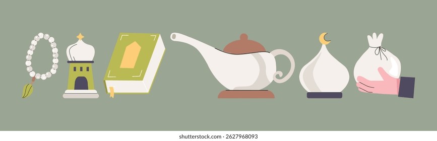 A flat vector illustration showcasing elements of Islamic culture, including religious symbols and traditions.