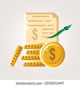 A flat vector illustration showcasing financial growth with a bill, gold coins, and an upward green arrow. Represents investment, profit, and economic success.