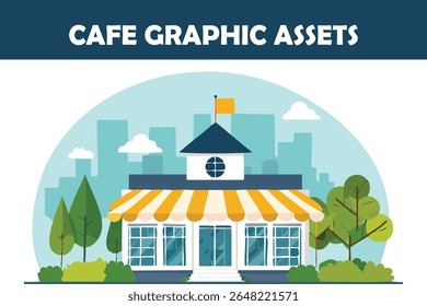  Ilustração vetor plana mostrando um café terraço ao ar livre com mesas e toldo listrado ao pôr do sol. Ideal para panfletos de eventos e visuais de hospitalidade.
