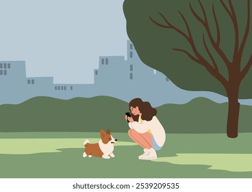 flat vector illustration showcasing a serene park scene. A stylish woman captures a photo of a charming corgi. The backdrop features a vibrant cityscape, lush greenery, and a towering tree.