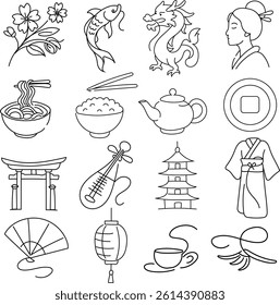 A flat vector illustration showcasing traditional cultural icons from China and Japan. The design features symbolic elements such as a Daruma doll, lanterns, fans, kimono, and traditional accessories.