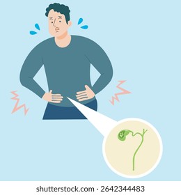 Flat vector illustration showing acute cholecystitis and related gallbladder diseases like gallstones and biliary colic, highlighting inflammation, pain, and digestive distress in a medical context.