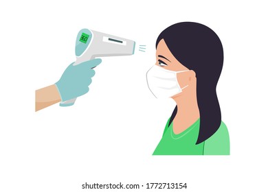 Flache Vektorgrafik, die den Temperaturunterschied des Körpers während des Covid-19-Ausbruchs zeigt. Pyrometer-Steuerung an öffentlichen Orten. Hand mit Infrarotthermometer und Frau in Maske