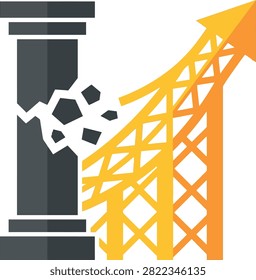 A flat vector illustration showing a broken dark pillar being surpassed by an orange upward trending arrow, symbolizing growth and overcoming obstacles.
