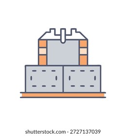 A flat vector illustration showing a building facade element with geometric blocks and minimal decoration, in gray and orange tones.