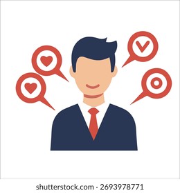 Ilustración vectorial plana que muestra a un hombre de negocios rodeado de íconos sociales como corazones y marcas de verificación, que simbolizan el Comentarios positivo, la calificación y la satisfacción del Cliente en el marketing digital