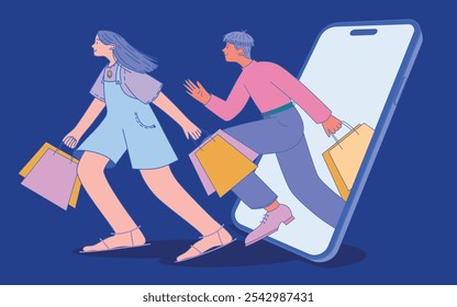 Flat vector illustration showing characters engaged in online shopping. A woman and man hold shopping bags, walking, interacting with a smartphone. Both dressed casually, smiling.