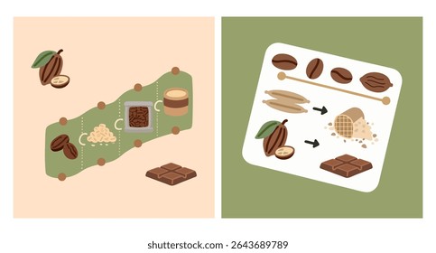 Ilustração vetorial plana mostrando o processo de fabricação de chocolate do grão de cacau à barra de chocolate. Ideal para materiais educacionais, infográficos, embalagens e visuais da indústria alimentícia.