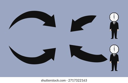 Ilustración vectorial plana que muestra flechas circulares que representan la rotación, el ciclo o el flujo del proceso.