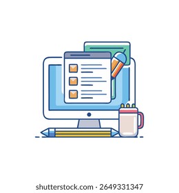 Flat vector illustration showing a computer, checklist, pen, and mug. Represents productivity and digital project management in a modern style.