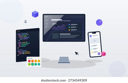 A flat vector illustration showing a computer monitor with a data dashboard, a smartphone displaying an app interface, a code editor window, and a color palette on a light background.