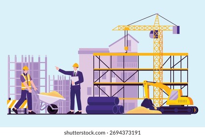 Ilustración vectorial plana que muestra un sitio de construcción con ingenieros y trabajadores que colaboran en un proyecto de construcción.
