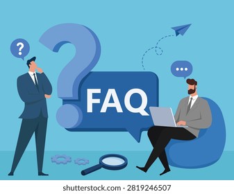 Flat vector illustration showing customer support team answering queries and searching for solutions under FAQ banner
