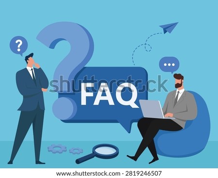 Flat vector illustration showing customer support team answering queries and searching for solutions under FAQ banner