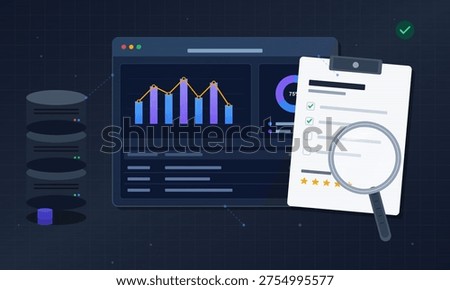 A flat vector illustration showing a digital dashboard with data charts, a database stack, and a clipboard with a checklist and magnifying glass for data auditing and analysis.