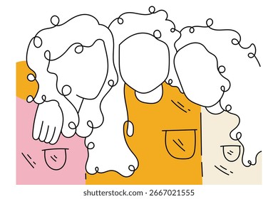 Flat vector illustration showing a diverse group of young girls, symbolizing unity, togetherness, and multicultural friendship.