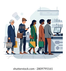 A flat vector illustration showing a diverse queue of customers standing in line to pay at a modern shop checkout register