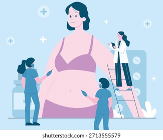 Ilustración vectorial plana que muestra a los médicos realizando el contorno corporal y el procedimiento de liposucción en una paciente femenina. Concepto de cirugía estética, reducción de grasa y estética médica.