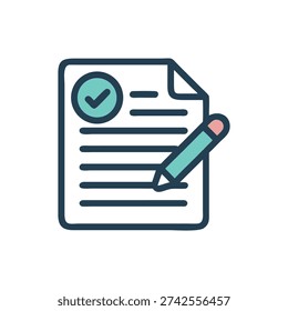 Flat vector illustration showing a document with a checklist a pencil signifying approval or completion of a form