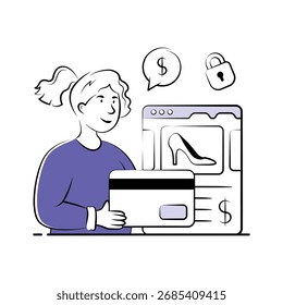 Ilustración vectorial plana que muestra el comercio electrónico de un Cliente que paga en línea con tarjeta
